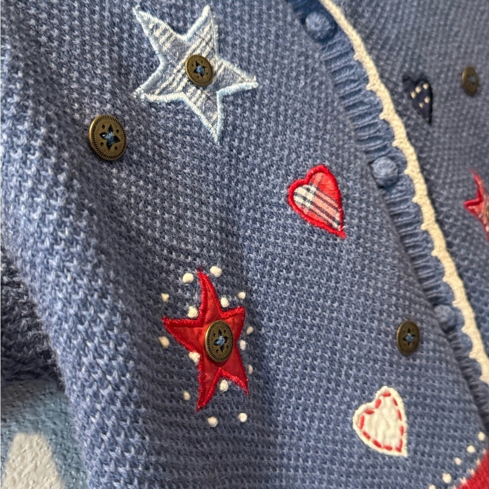 Koret City Blues Patriotic USA Flag Cardigan Americana Stars Hearts Knit Top - Picture 3 of 4